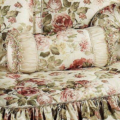 #ad Springfield Floral Shirred Fringed Piped Neckroll Light Cream Pillow $25.99