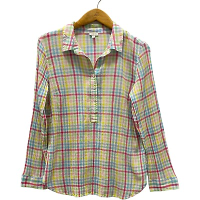 #ad Talbots Women’s Long Sleeves Popover Shirt Size Medium Pastel Plaid Cotton Gauze $18.99
