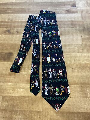 #ad Looney Tunes Christmas Silk Tie Vintage 90s $19.99