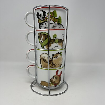 #ad Pier 1 Dog Scene Christmas Park Ave Stacking Mugs Coffee Cups with Wire Holder $19.99