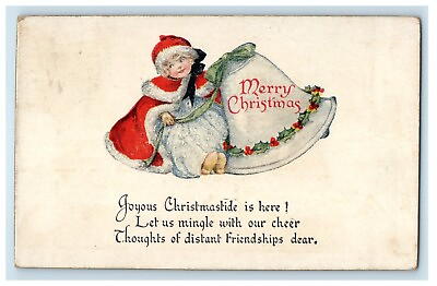 #ad 1917 Merry Christmas Greetings Little Girl Santa Giant Bell Antique Postcard $7.95