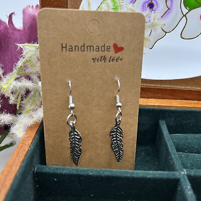 #ad Silver Toned Feather Dangle Earrings Hand Made #113 $12.00