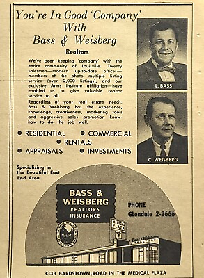 #ad Bass amp; Weisberg Realtors Louisville East End Commercial Vintage Print Ad 1960 $8.77