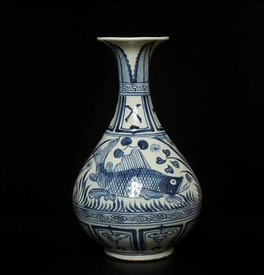 #ad 34CM Old Antique Chinese Blue amp; White Porcelain Vase w fish $199.99