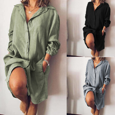 #ad Fashion Women Buttons V Neck Long Shirt Dress Cotton Midi Dress Long Tops Blouse $21.30