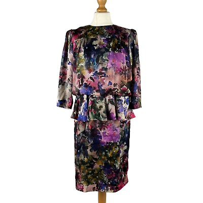 #ad Hobbs Floral Satin Peplum Shift Dress Size 12 Rose Audrey Hepburn Eveningwear GBP 14.95