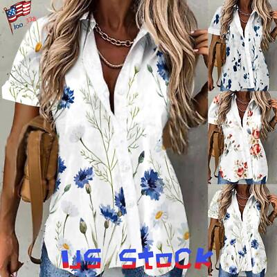 #ad Women Button V Neck Casual Loose Shirt Ladies Short Sleeve Floral Blouse Tops US $16.52