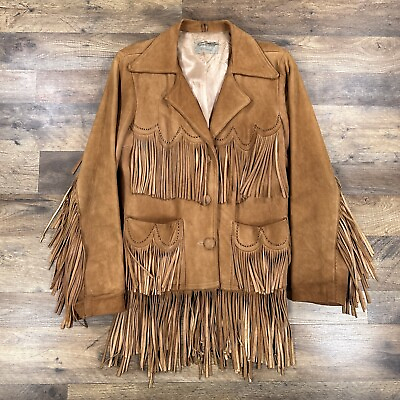 #ad Pioneer Wear Leather Jacket Womens Large Brown Vintage Western Tassle Fringe $75.00