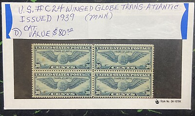 #ad 1939 Blue U.S. C24 Winged Globe Trans Atlantic 30c MNH Block of 4 $75.00