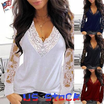 #ad Womens Lace V neck Long Sleeve Blouse Pullover Ladies Casual Tunic T Shirt Tops $15.29