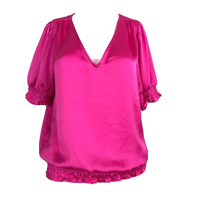 #ad 1 State Shirt Womens Sz M Hot Pink Smocked Waist Puff Sleeve Silky Blouse Top $22.25