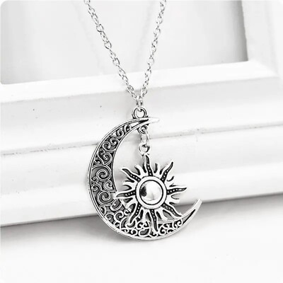 #ad Beautifull Sun Moon Necklace Hollow Crescent Moon Pendant Necklace $11.65