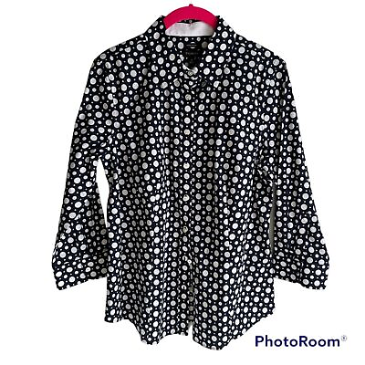 #ad Talbots Navy and White Polka Dot Wrinkle Free Button Down Ladies Career Top 8 $20.00