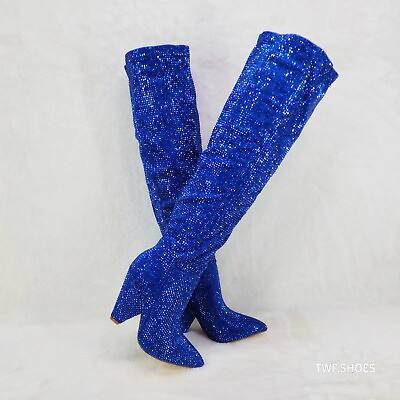 #ad Vegas Blue Rhinestone Over the Knee Thigh boots 4.25quot; Heels Party Boots $109.95