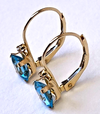 #ad Stuller 14k Yellow Gold Lever Back Emerald Cut Blue Topaz Diamond Earrings $199.99