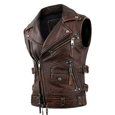 #ad Men#x27;s Vintage Brown Motorcycle Vest Men Genuine Cowhide Riding Sleeveless Jacket $91.28
