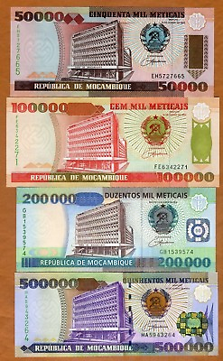 #ad SET Mozambique 50000 100000 200000 500000 meticais 1993 2003 Hyperinflation UNC $27.53