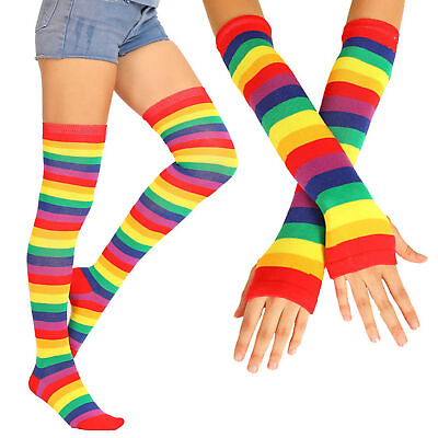 #ad Women Girls Rainbow Striped Knee Thigh High Socks Arm Warmer Gloves Party Wear $11.99
