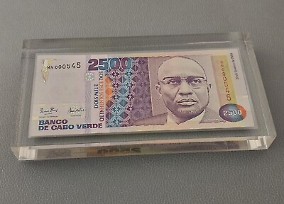 #ad Cape Verde 2500 escudo 1989 P 61 61a UNC Lucite Incased As Paperweight 7quot;×3.5quot; $79.00