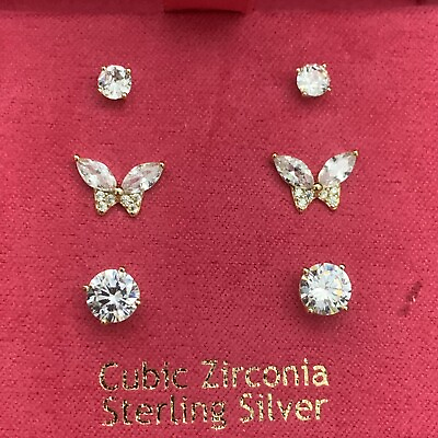 #ad NEW Nanette Lepore Sterling Silver Cubic Zirconia Butterfly 3 Piece Set Earrings $24.99