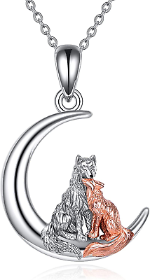 #ad Fox and Wolf Moon Necklace for Women 925 Sterling Silver Pendant Jewelry Gifts $122.95