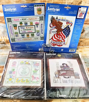 #ad Janlynn Count Cross Stitch GOD BLESS AMERICA Eagle Love Kitchen Baby Work Lot 4 $35.90