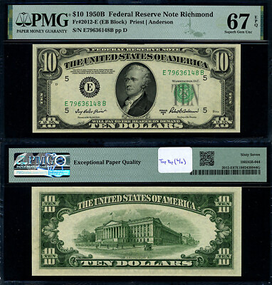 #ad FR. 2012 E $10 1950 B Federal Reserve Note Richmond E B Block Superb Gem PMG CU6 $172.00