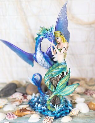#ad Ebros Nautical Green Tail Mermaid Ariel With Leviathan Ocean Dragon Fairy Statue $55.99