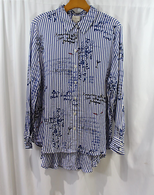 #ad Chicos Womens Blue White Striped Script Writing High Low Button Up Shirt 2 M $24.99
