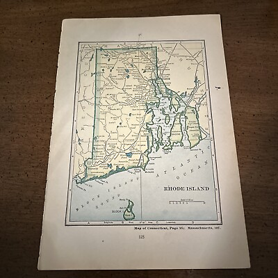 #ad Antique 1925 Map Of Rhode Island 6.5 x 9.5 Inches $9.25