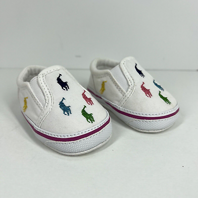 #ad Ralph Lauren Infant Boys Girls White Multicolor Logo Crib Shoes Size 1 Unisex $12.67
