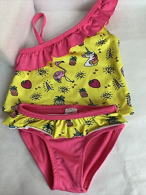 #ad Toddler Girls 2 PC SWIMSUIT Yellow Pink UNICORN FLAMINGO PINEAPPLE One Shlder 2T $8.63