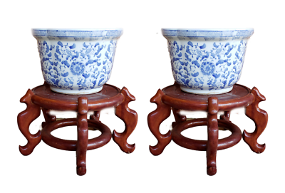 #ad Vintage Pair Blue and White Planter Flower Jardiniere Chinese Chinoiserie Vase $363.00