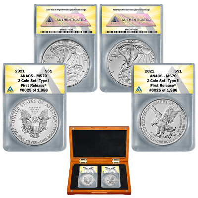 #ad 2021 $1 Type 1 and Type 2 Silver Eagle Set MS70 First Release 2 coin set $179.95