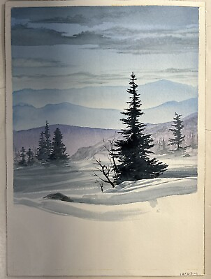 #ad Purple amp; Blue Skies Over Winter Forest Scene Watercolor Painting Robert Ficarra $69.52
