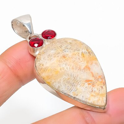 #ad Fossilquot;Coral Garnet Gemstone 925 Sterling Silver Jewelry Pendant 2.36quot; w738 $8.99
