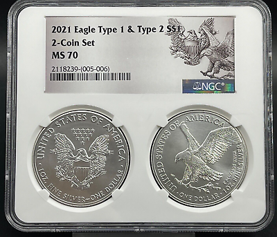 #ad 2021 $1 Type 1 and Type 2 Silver Eagle Set NGC MS70 $137.00