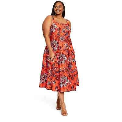 #ad RHODE Women#x27;s Plus Floral Print Tiered Midi Dress Orange Tropical Cruise Size 4X $35.00