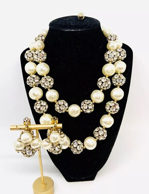#ad Chunky Faux Baroque Pearl amp; Rhinestone Ball Necklace Earrings Vintage Jewelry $245.00