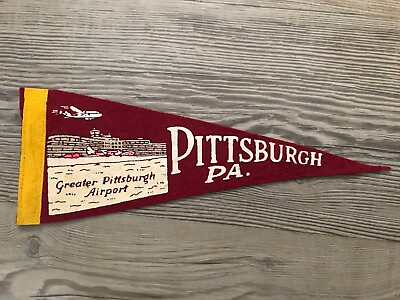 #ad Vintage 1940#x27;s Greater Pittsburgh Airport Pennsylvania Mini Felt Red Pennant 11quot; $14.95
