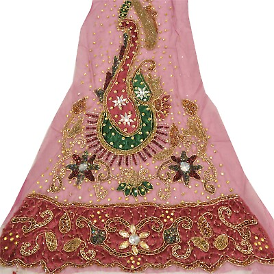#ad Sanskriti Vintage Design Fabric Hand Beaded Indian Pink Patch Work Decor Craft $17.99