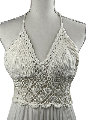 #ad LILBETTER Womens White Beach Crochet Backless Boho Halter Maxi Long Dress XL $34.36