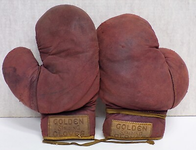 #ad VTG Golden Spalding Boxing Gloves Red Pair Medium 10.5quot; Mancave Deco 050423WT $45.51