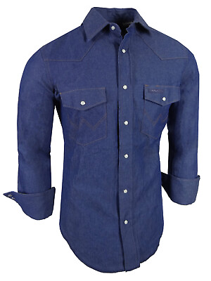 #ad Denim Western Shirt Mens Blue Wash Cotton Snap Pocket Flaps Contrast Stitching $22.95