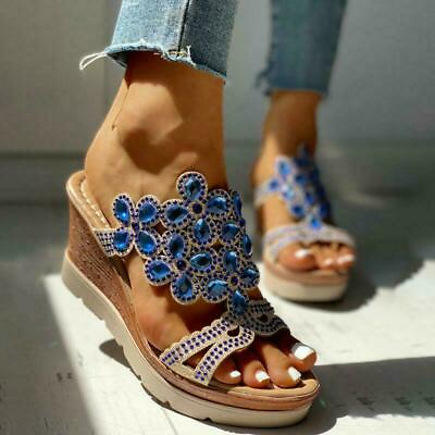 #ad Summer Womens Rhinestone Sandals Wedge Platform New Heel Pump Boho Slippers Shoe $25.19