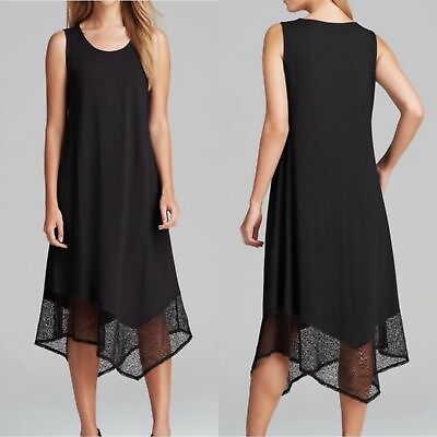 #ad NWT Eileen Fisher BlackTank Dress Mesh Lace Hem Scoop Size XL Midi Asymmetric $96.00