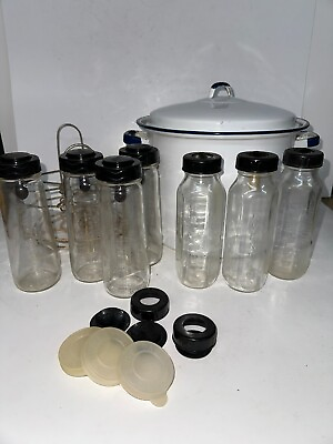 Vintage Enamelware Baby Bottle Sterilizer w Rack amp; Hygeia Evenflo Bottles Lids $69.95