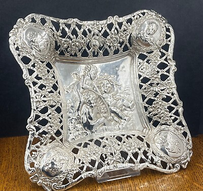 #ad Ornate continental silver dish basket London import hallmarks for 1896 GBP 395.00