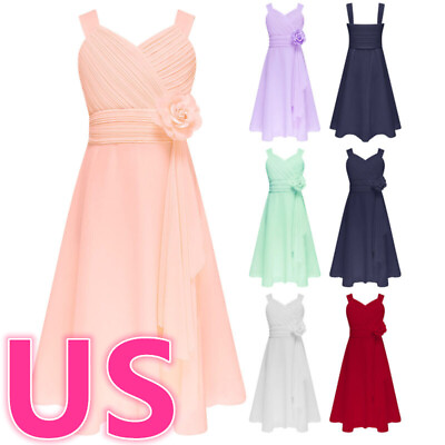 #ad US Kids Girls Flower Dress Sleeveless Ruched Ruffle Chiffon Gown Wedding Dresses $14.13