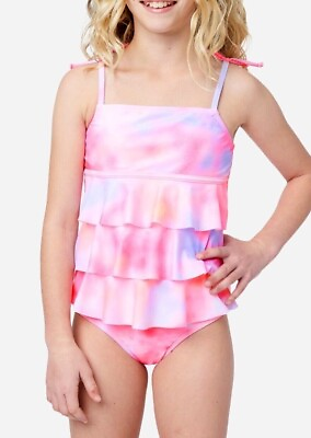 #ad NWT JUSTICE Girl Swimsuit Tankini Bikini Pink Ruffle Swim 10 12 14 16 L 2 Piece $27.90
